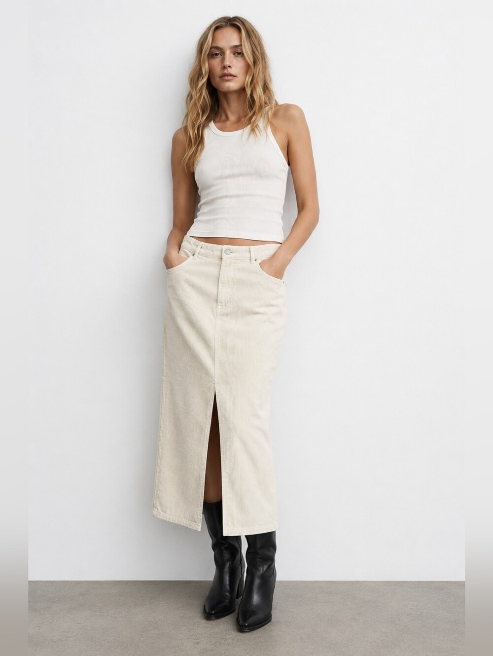 NWOT Zara Corduroy Front Slit Midi Skirt L Minimal Festival Vacay Quiet Luxury